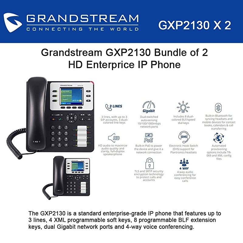 GXP2130 Bundle of 2 HD Enterprise IP phone 3 lines Color LCD PoE