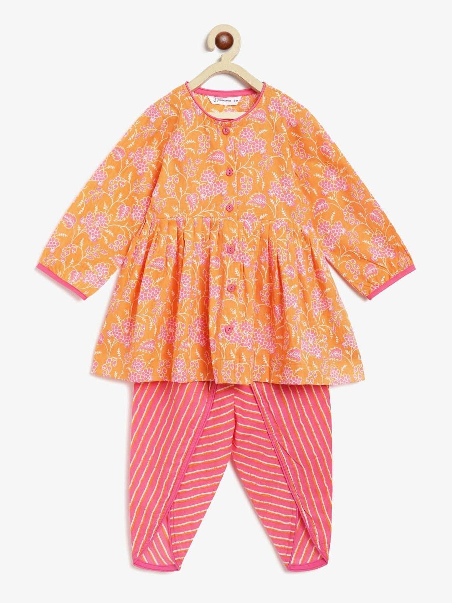 Campana Kids Orange & Pink Cotton Printed Full Sleeves kurti & Dhoti