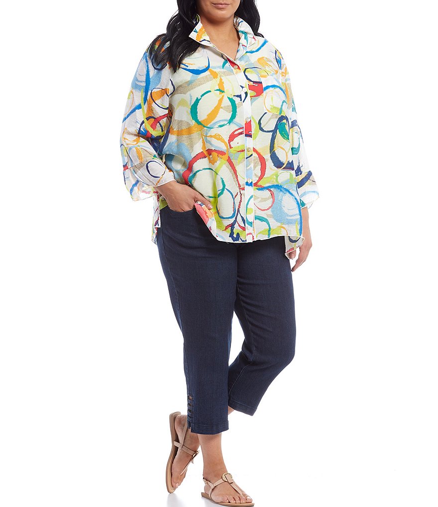 Multiples Plus Size Circle Abstract Print Crinkle Woven Point Collar Neck 3/4 Sleeve Button Front Shirt