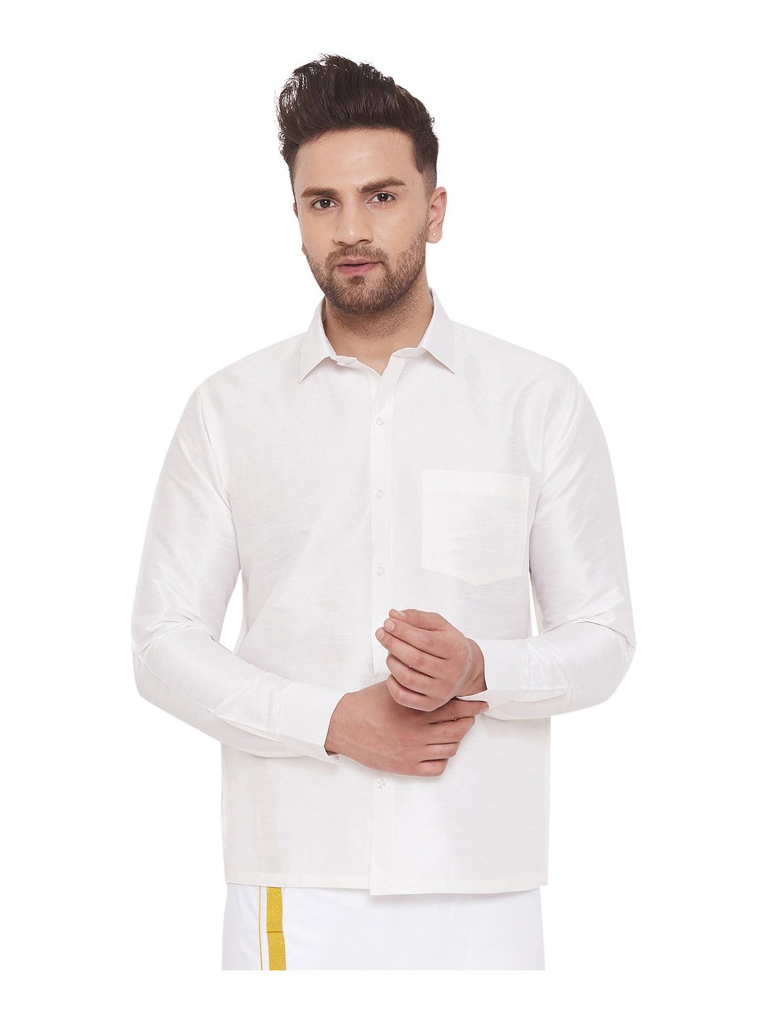 VASTRAMAY White Straight Fit Self Pattern Ethnic Shirt