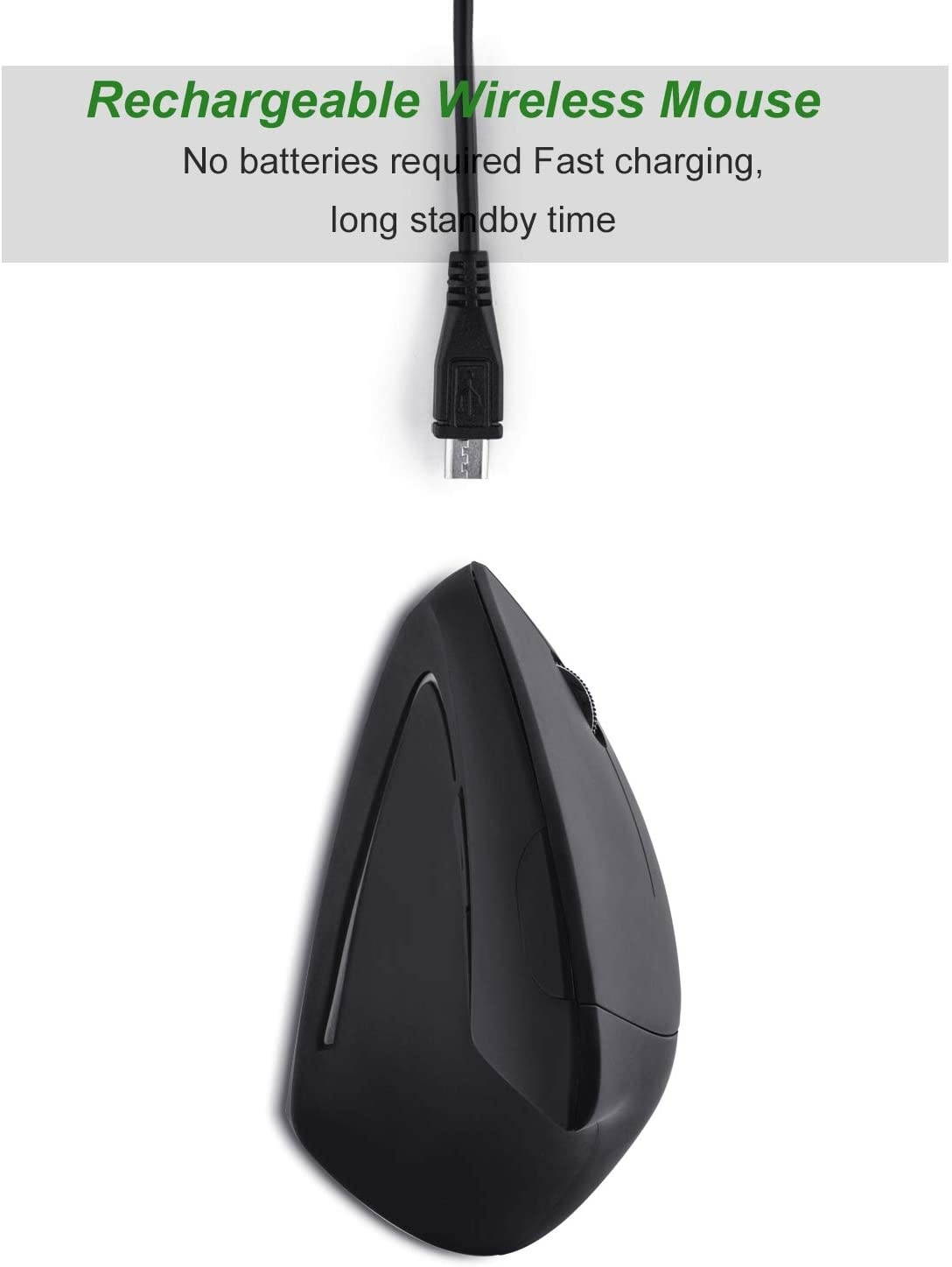 Rechargeable Ergonomic Wireless Mouse, 2.4G USB Optical Vertical Mouse with 3 Adjustable DPI 800/1200/1600 Levels 6 Buttons for Computer, Laptop, PC, MacBook- Black