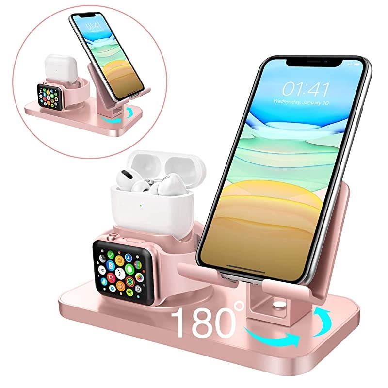 3 in 1 Charging Stand for Apple Watch Series 54321 Airpods Pro 2019 21 Compatible with iPhone 12 11 XS MAX XR XS 8 7 6 6S Plus 5S iPad Tablet StandOriginal Cable Required Rose Gold