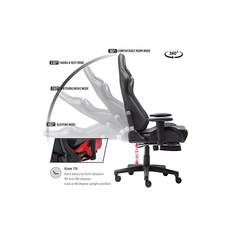 Gaming Chair Large Size High-back Ergonomic Racing Seat with Massager Lumbar Support and Retractible Footrest PU Leather 90-180 degree adjustment of backrest Thickening sponges (YK-6008-BLACK)