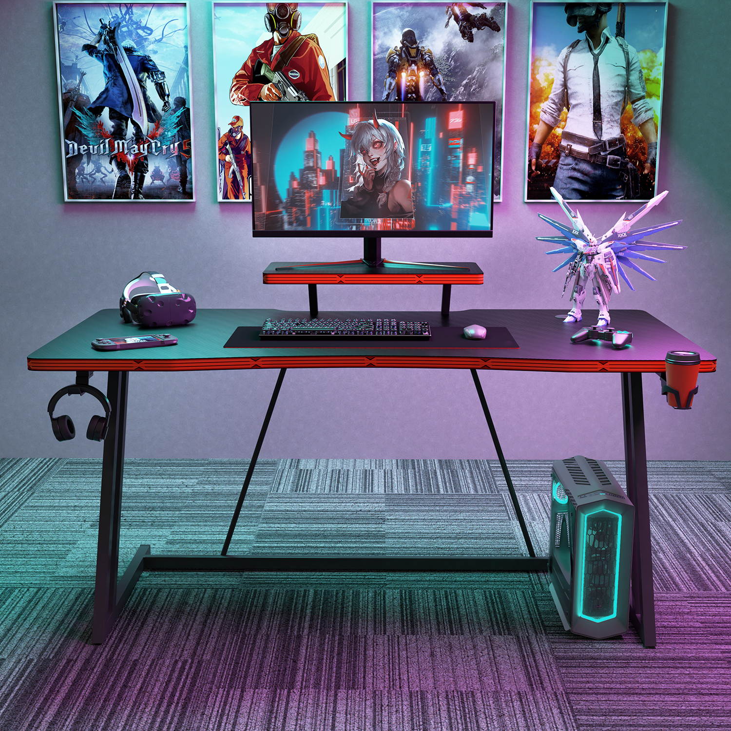 Furmax 47 inch Gaming Desk Z Shaped PC Gaming Table with Carbon Fibre Surface Computer Desk Gamer Workstation with Monitor Shelf, Cup Holder and Headphone Hook for Home Office (Black)