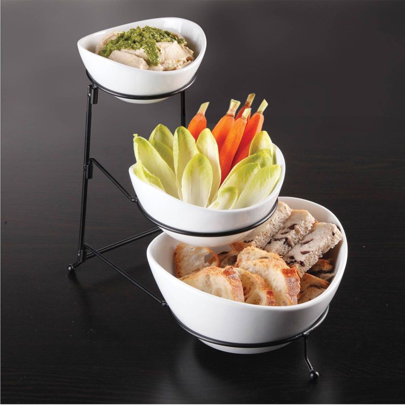 Gibson Home Ceramic Gracious 3-Tier Serving Bowl Set with Metal Stand