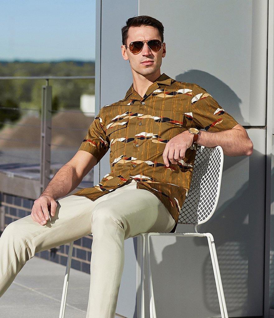 Murano Slim-Fit Stripe Print Short-Sleeve Woven Camp Shirt