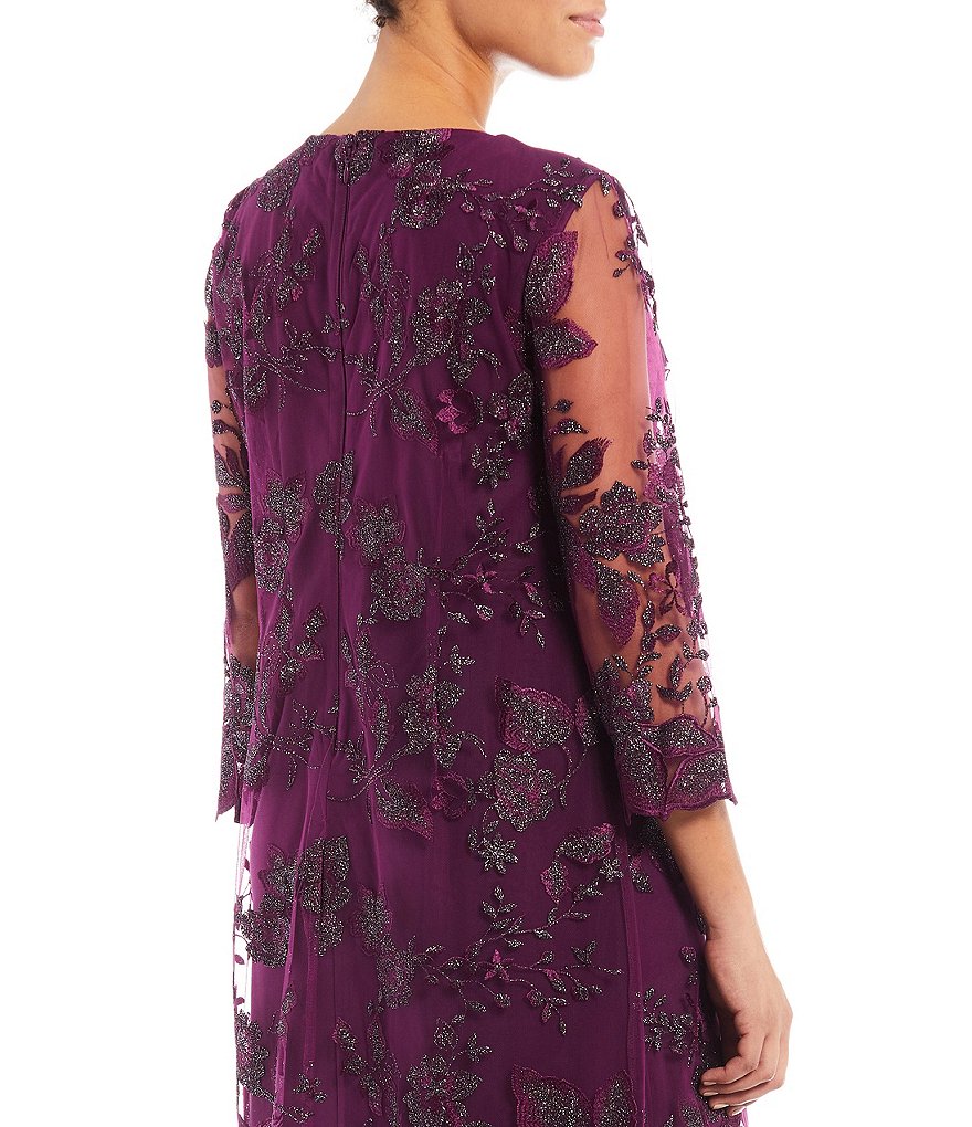 Jkara Chiffon Popover Beaded V-Neck 3/4 Capelet Sleeve Gown