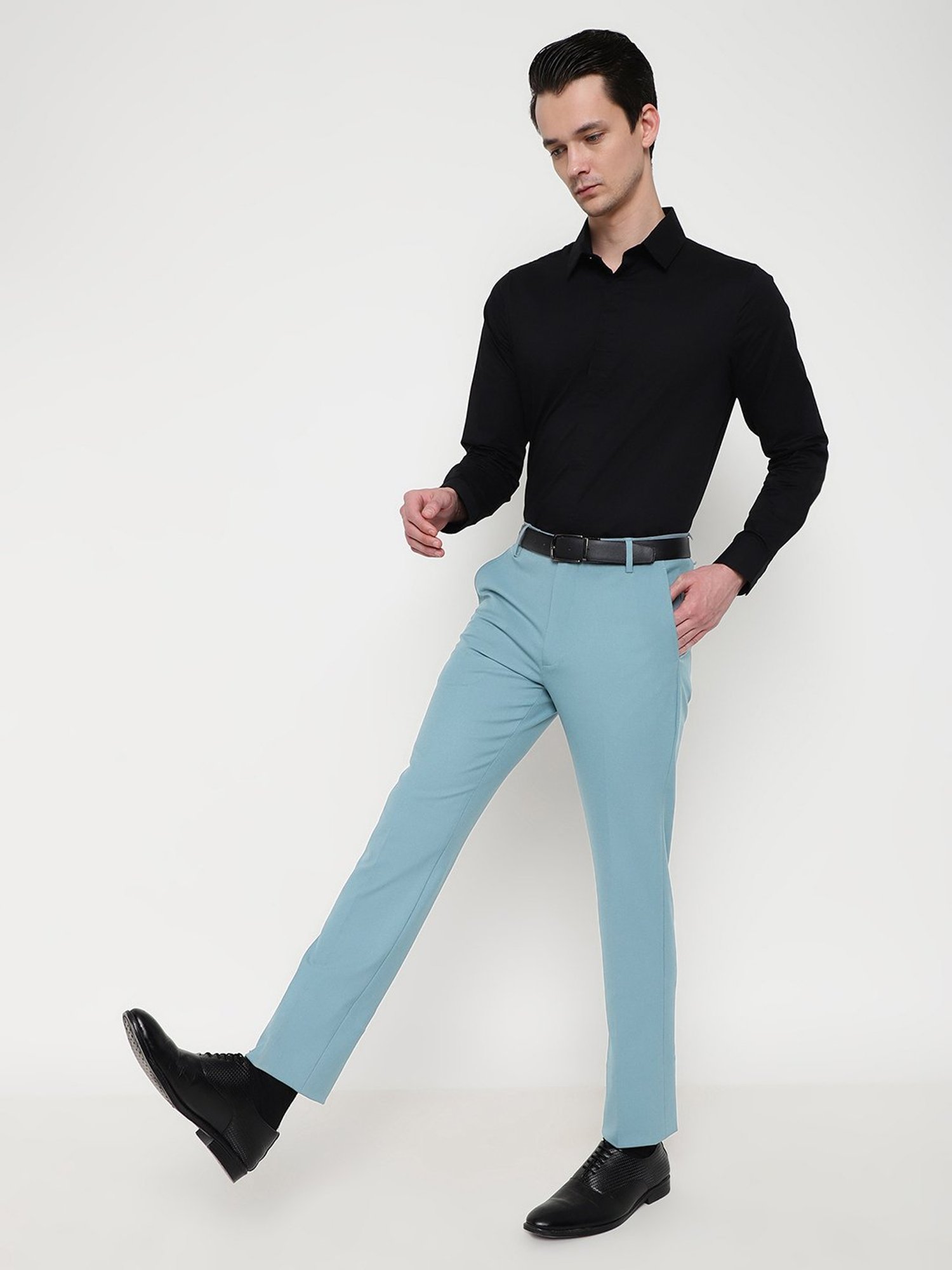 SUBTRACT Powder Blue Slim Fit Flat Front Trousers