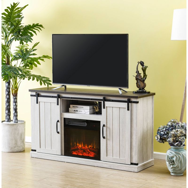 54" Sliding Doors TV Stand For TVs up to 60" with Electric Fireplace Saw Cut Off White - Home Essentials