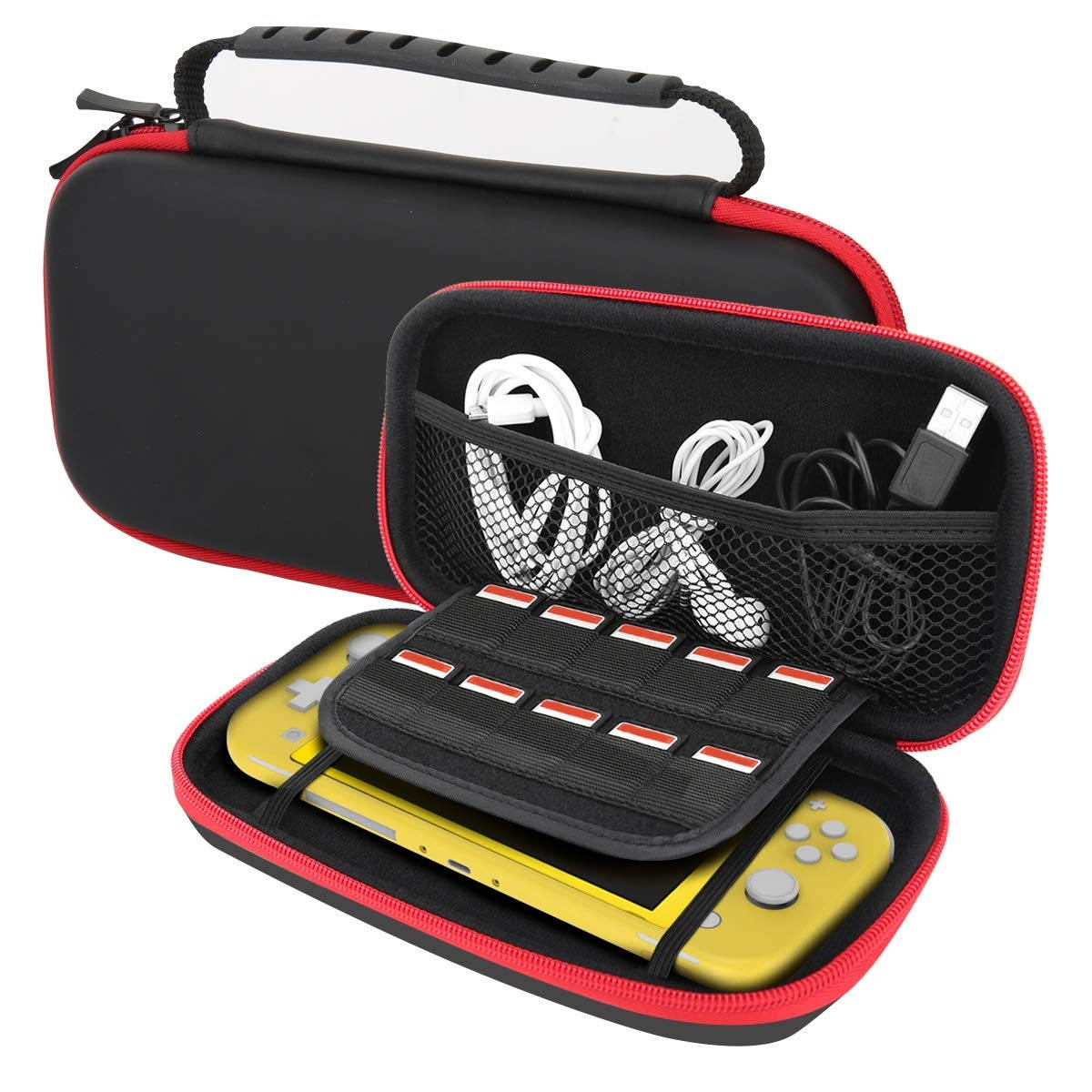 MoKo Carrying Case for Nintendo Switch Lite, Travel Case Hard Shell EVA Tough Storage Bag Holder for Nintendo Switch Lite Console, Accessories & Game Cards - Black & Red