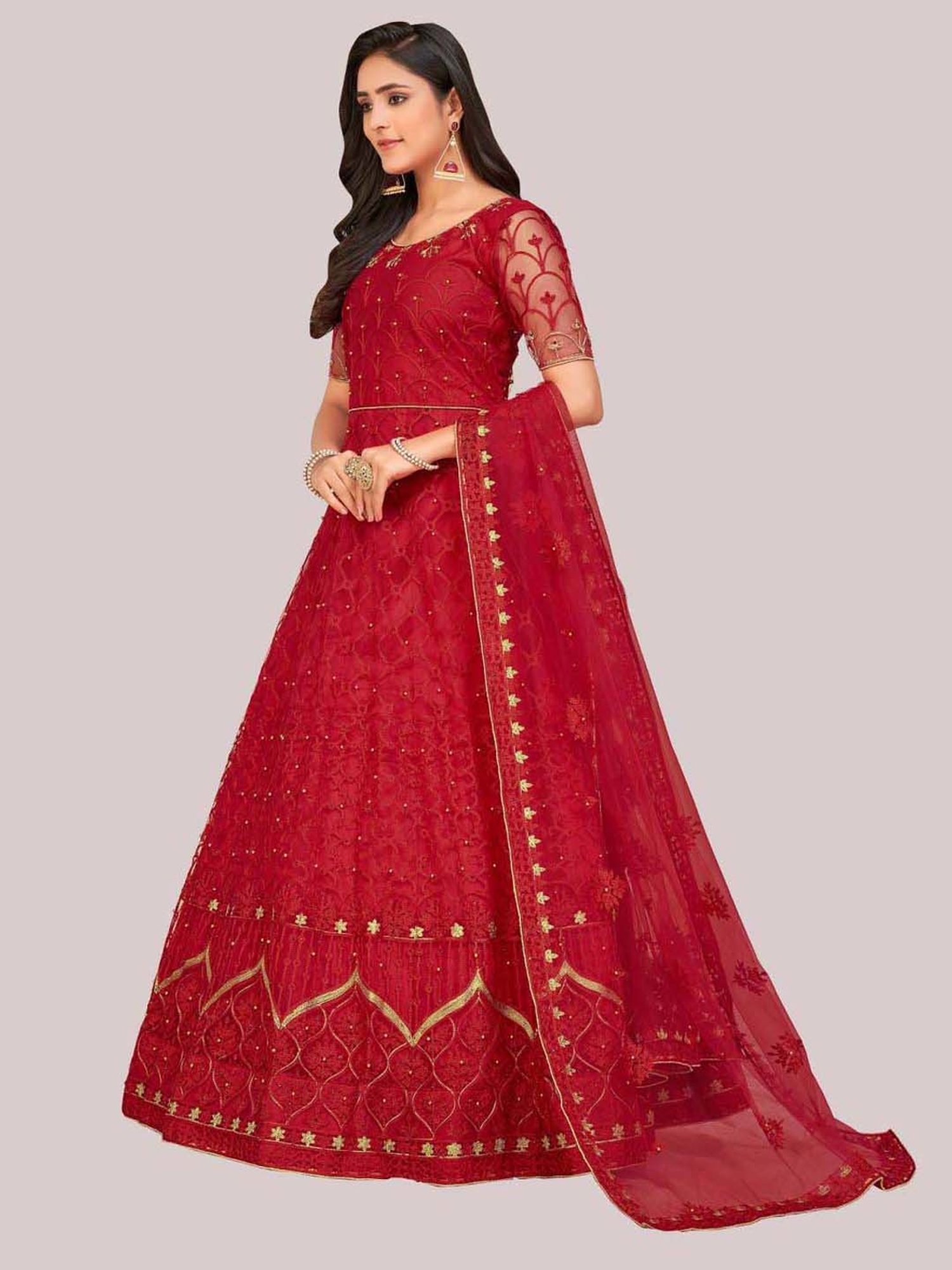Warthy Ent Red Embroidered Semi Stitched Dress Material