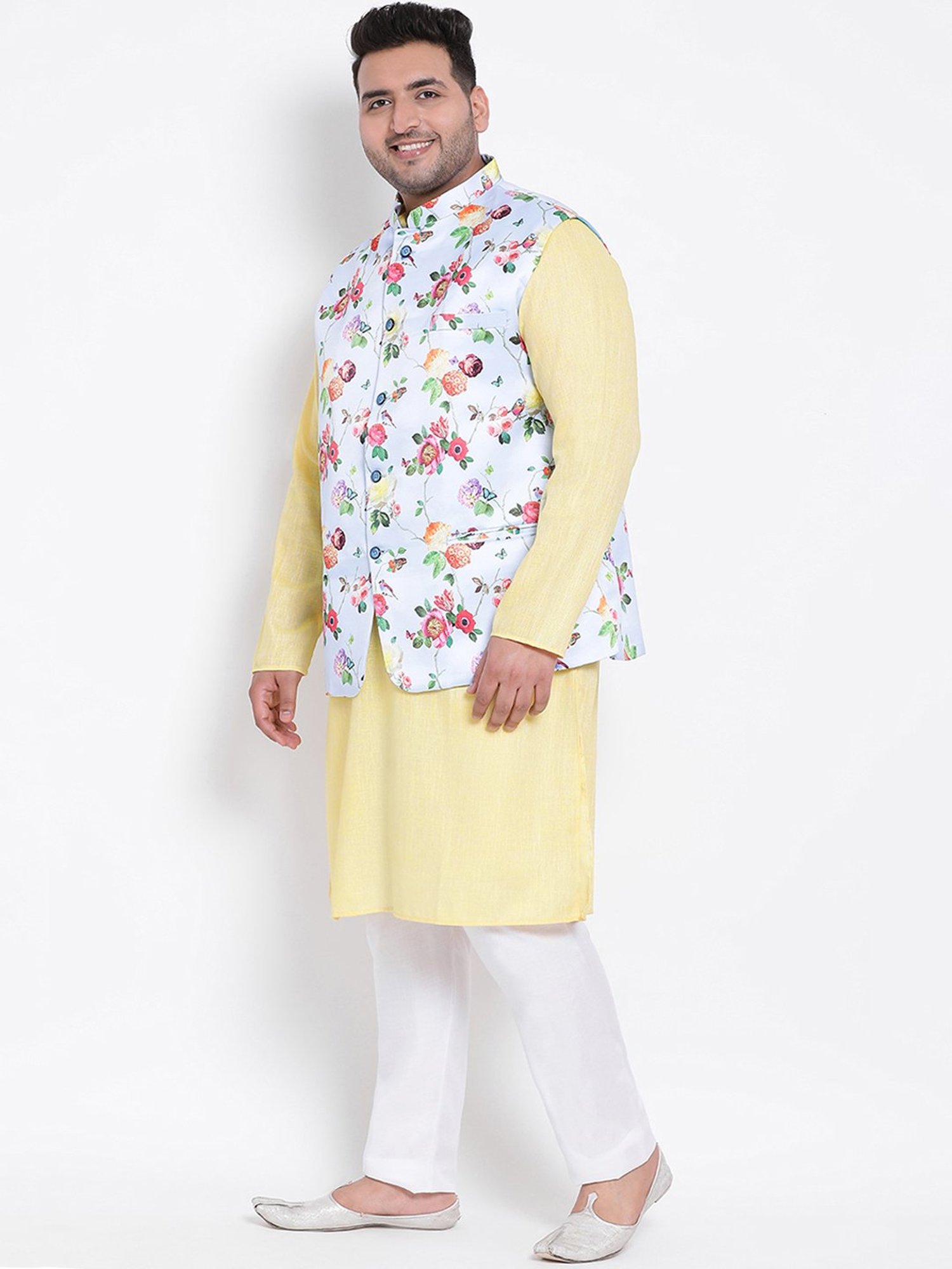 Hangup Plus Yellow & White Regular Fit Plus Size Kurta & Pyjamas Set With Nehru Jacket
