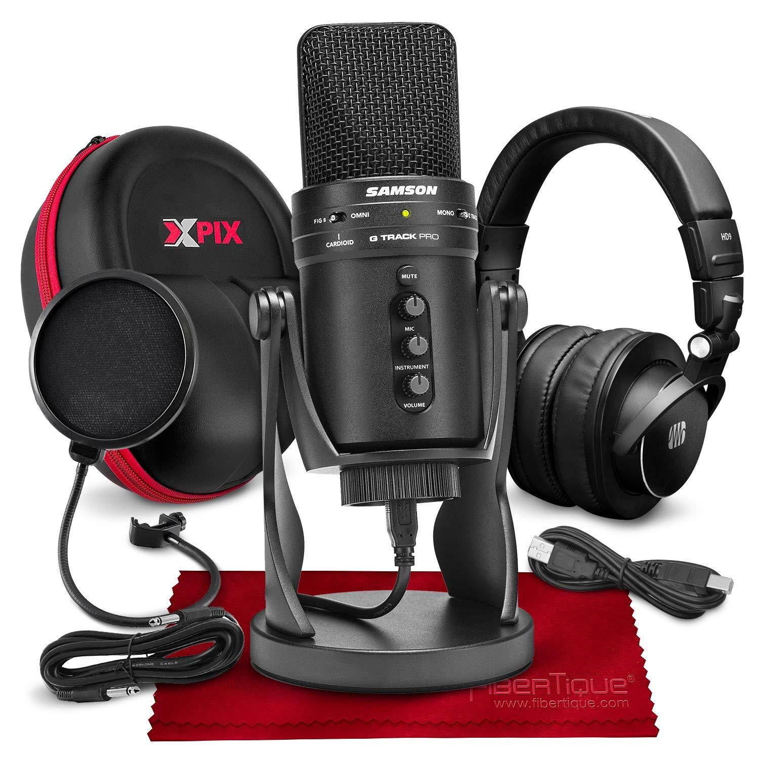 Samson G-Track Pro Professional USB Condenser Microphone w/Audio Interface Bundled with PreSonus HD9 Pro Headphones, Mic Pop Filter, Headphones Case, and Accessories