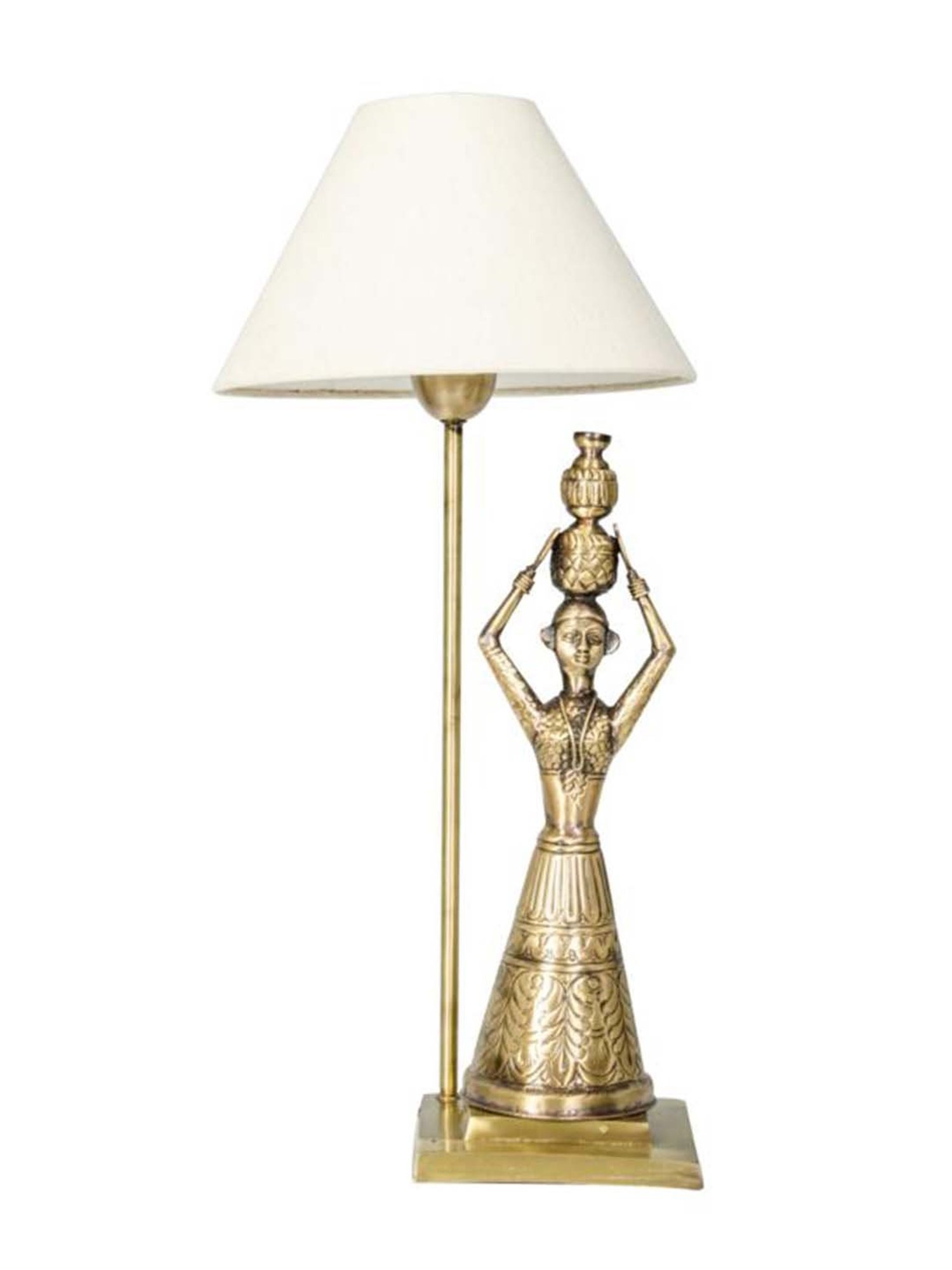 Fos Lighting White & Golden Hand Carved Brass Rajasthani Village Table Lamp - Set of 1