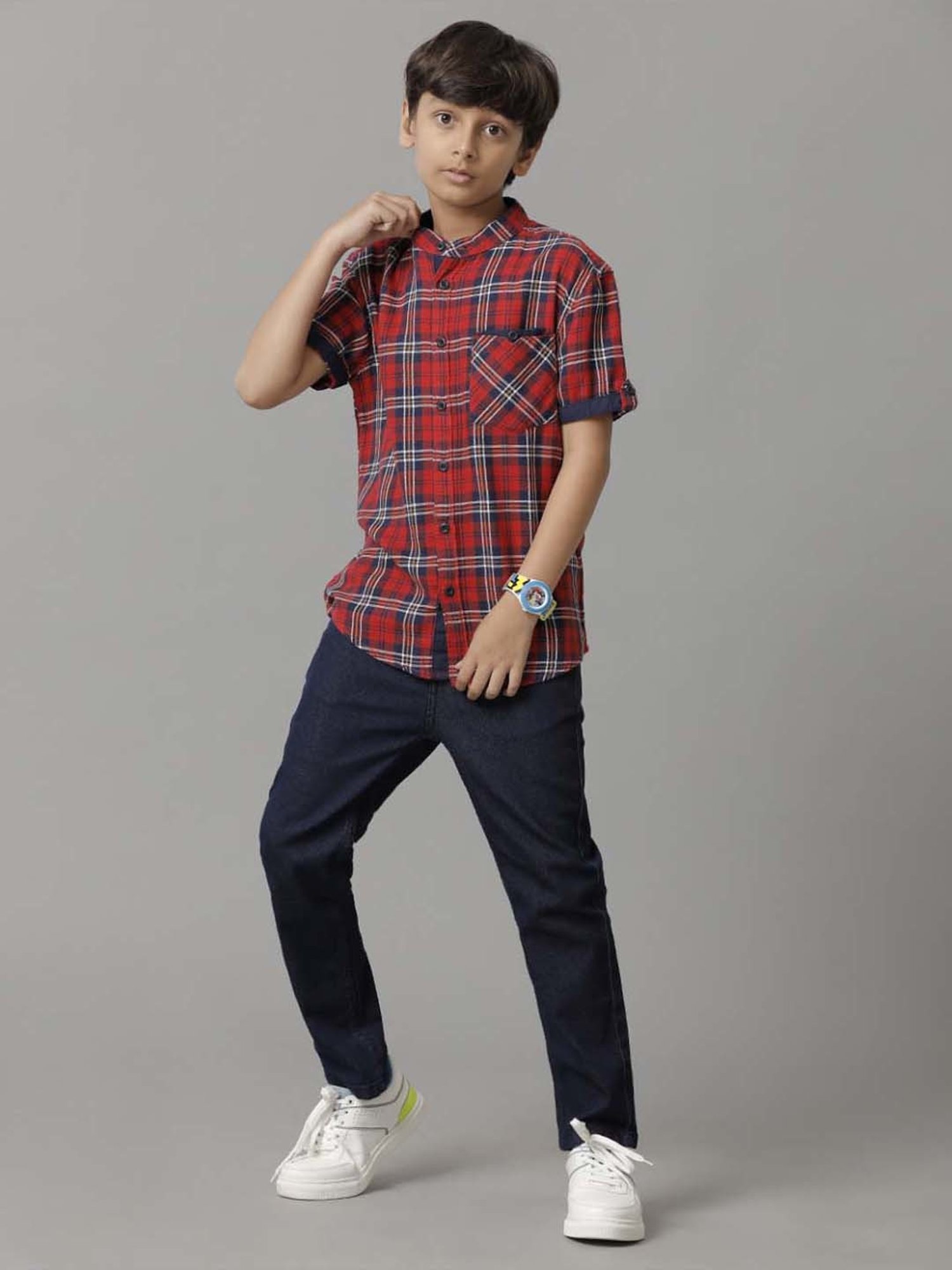 Under Fourteen Only Kids Red Cotton Chequered Shirt