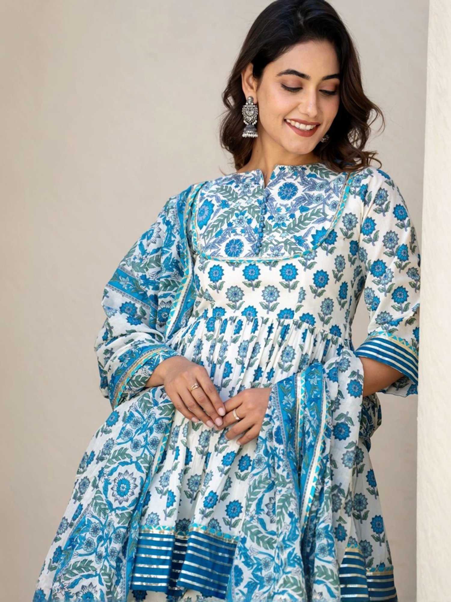 HOUSE OF JAMOTI Blue Cotton Printed Short Kurti Sharara Set With Dupatta