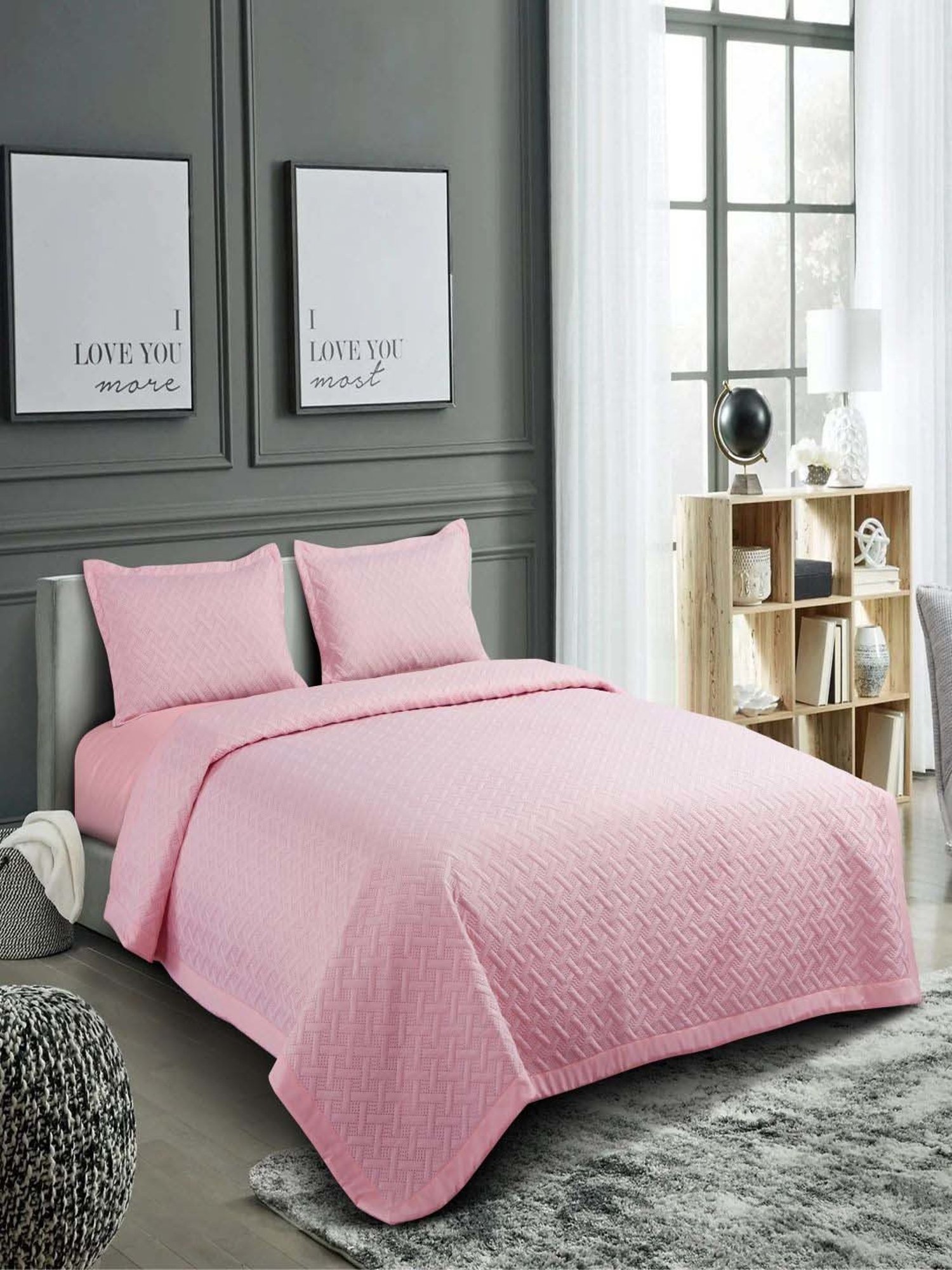 Hosta Homes Pink 280 TC Polycotton Quilted Queen Bedsheet with 2 Pillow Covers
