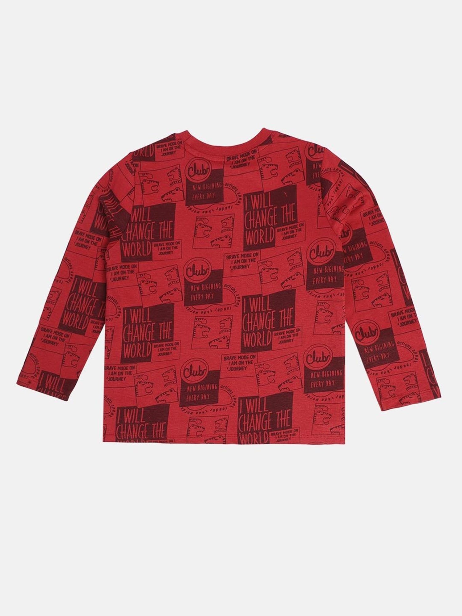 MINIKLUB Boys Maroon Cotton Printed Full Sleeves T-Shirt