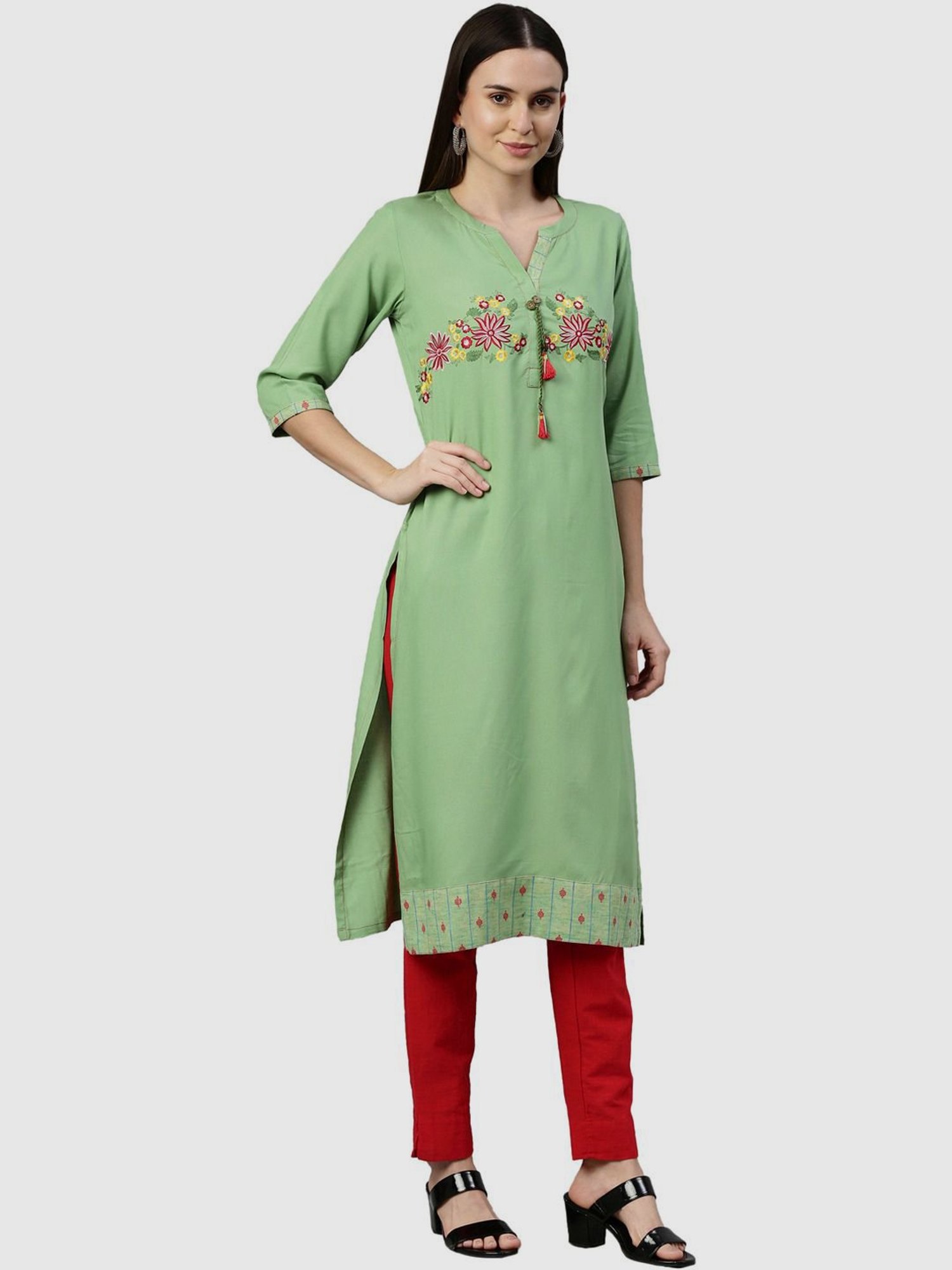 Neerus Pista Green Embroidered Straight Kurta