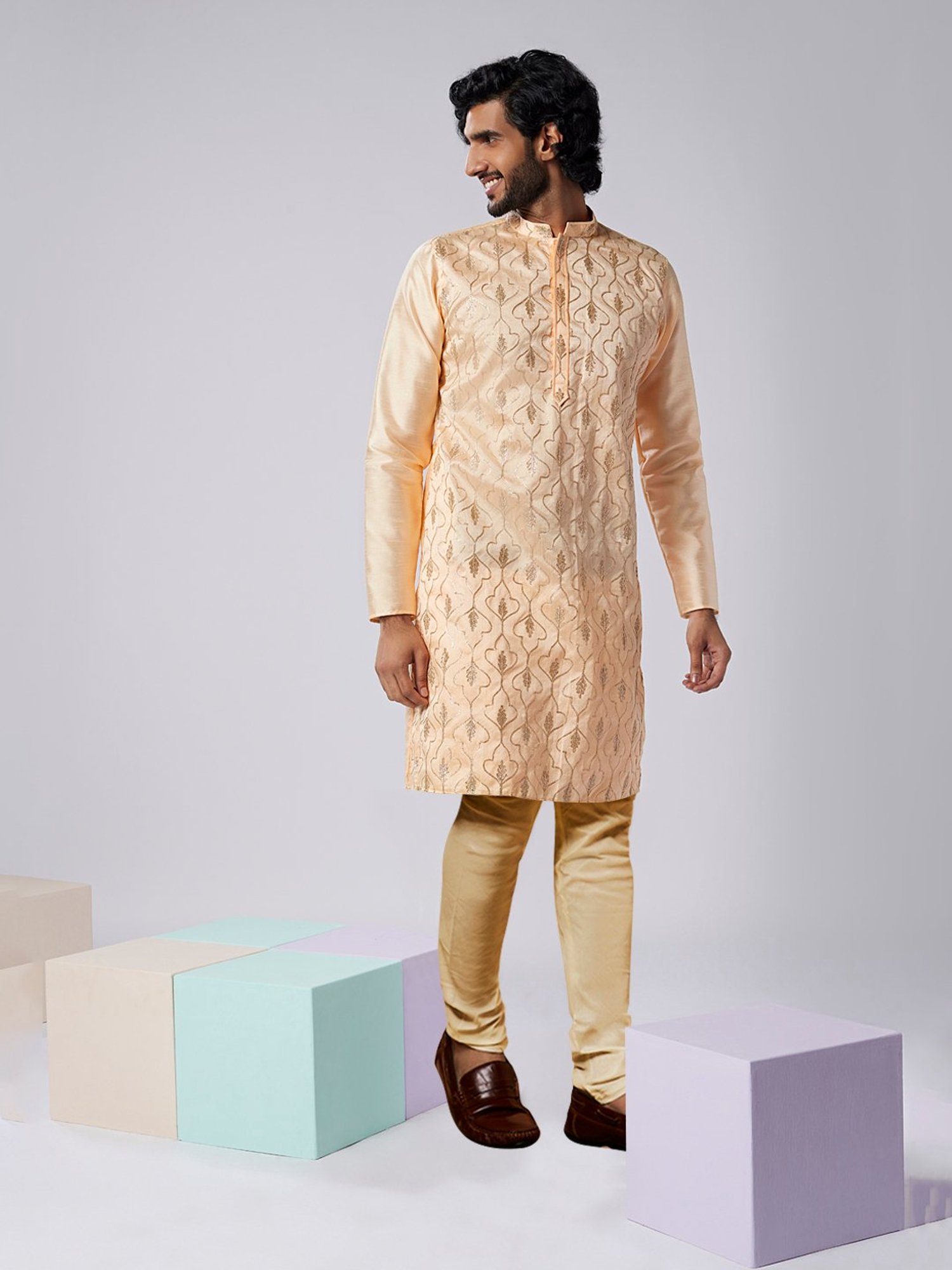 KISAH Nude & Beige Regular Fit Embellished Kurta & Churidar Set