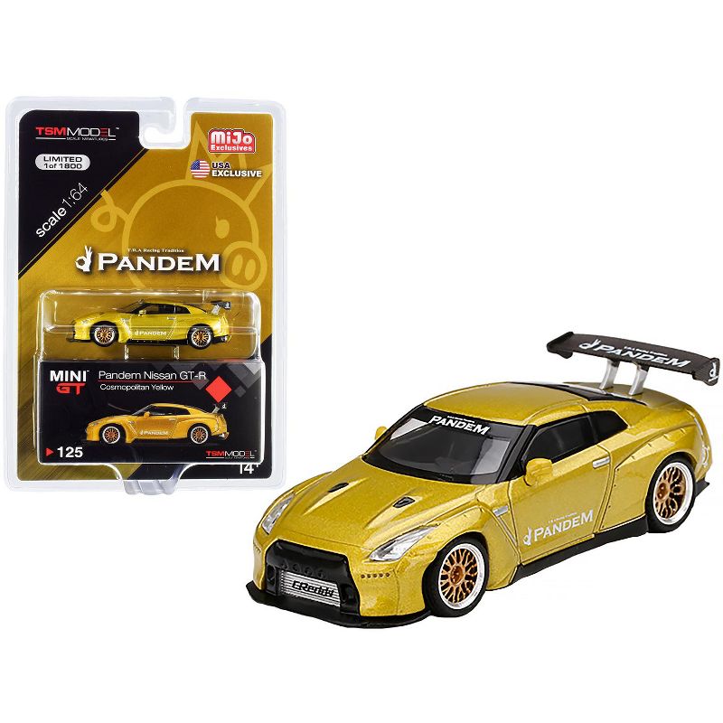 Nissan GT-R (R35) Pandem with GT Wing Cosmopolitan Yellow Metallic with Gold Wheels Ltd Ed 1800 pcs 1/64 Diecast Model Car by True Scale Miniatures