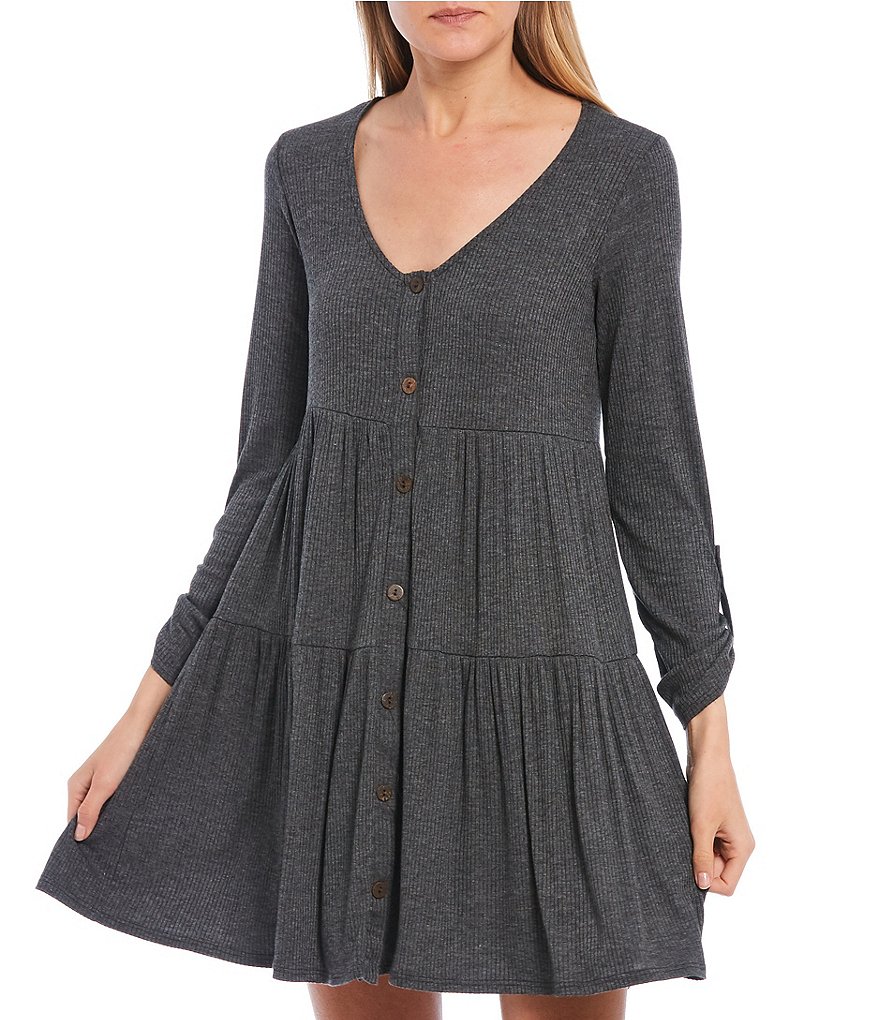 Allison & Kelly Long Sleeve Button-Front Babydoll Dress