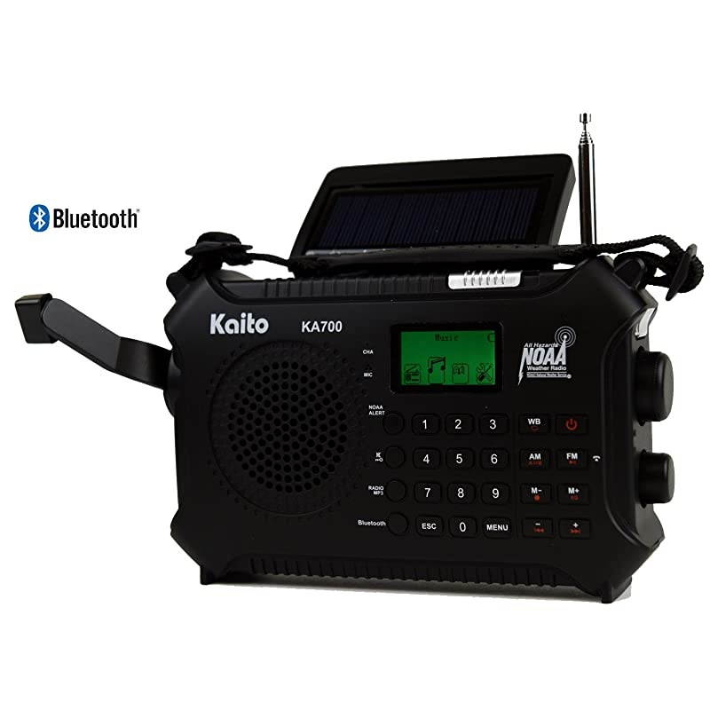 KA700 Bluetooth Emergency Hand Crank Dynamo amp Solar Powered AM FM Weather NOAA Band Radio with Recorder and MP3 Player Rugged Design for Hiking Camping Construction Sites Etc Black