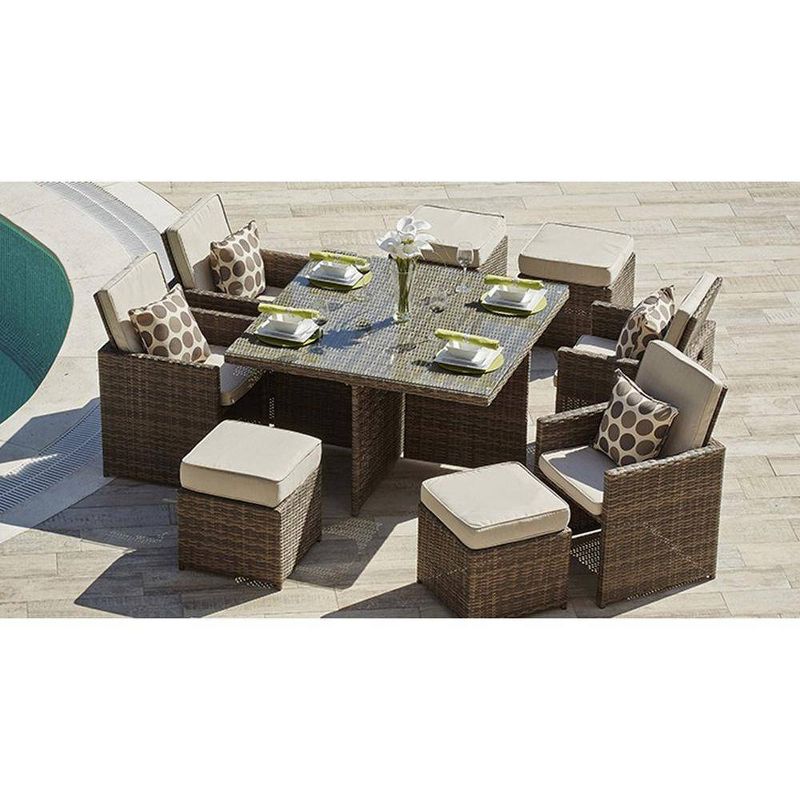 Adella 9pc Patio Wicker Glass Top Dining Set - Direct Wicker