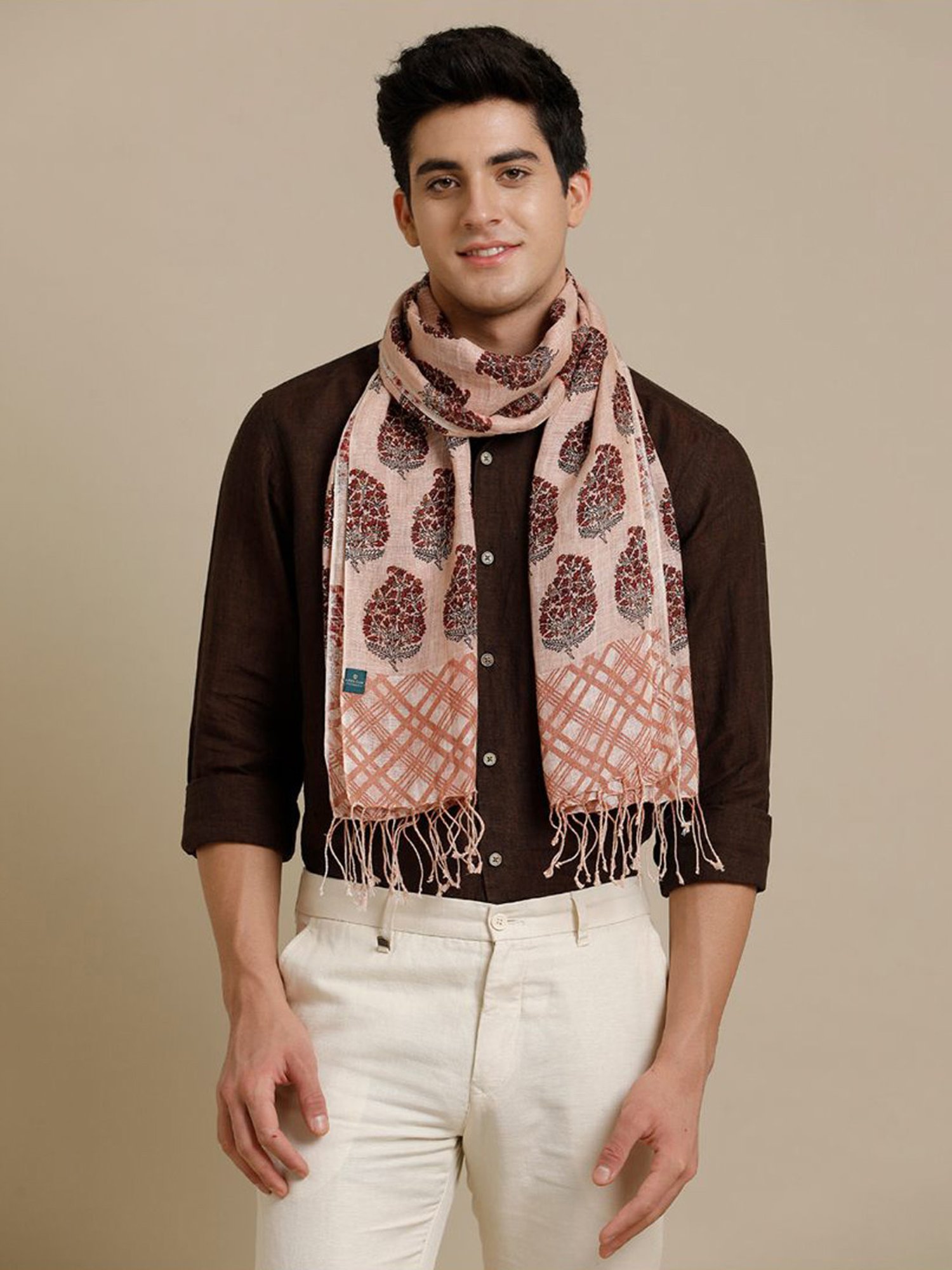 Linen Club Brown Printed Pure Linen Stole