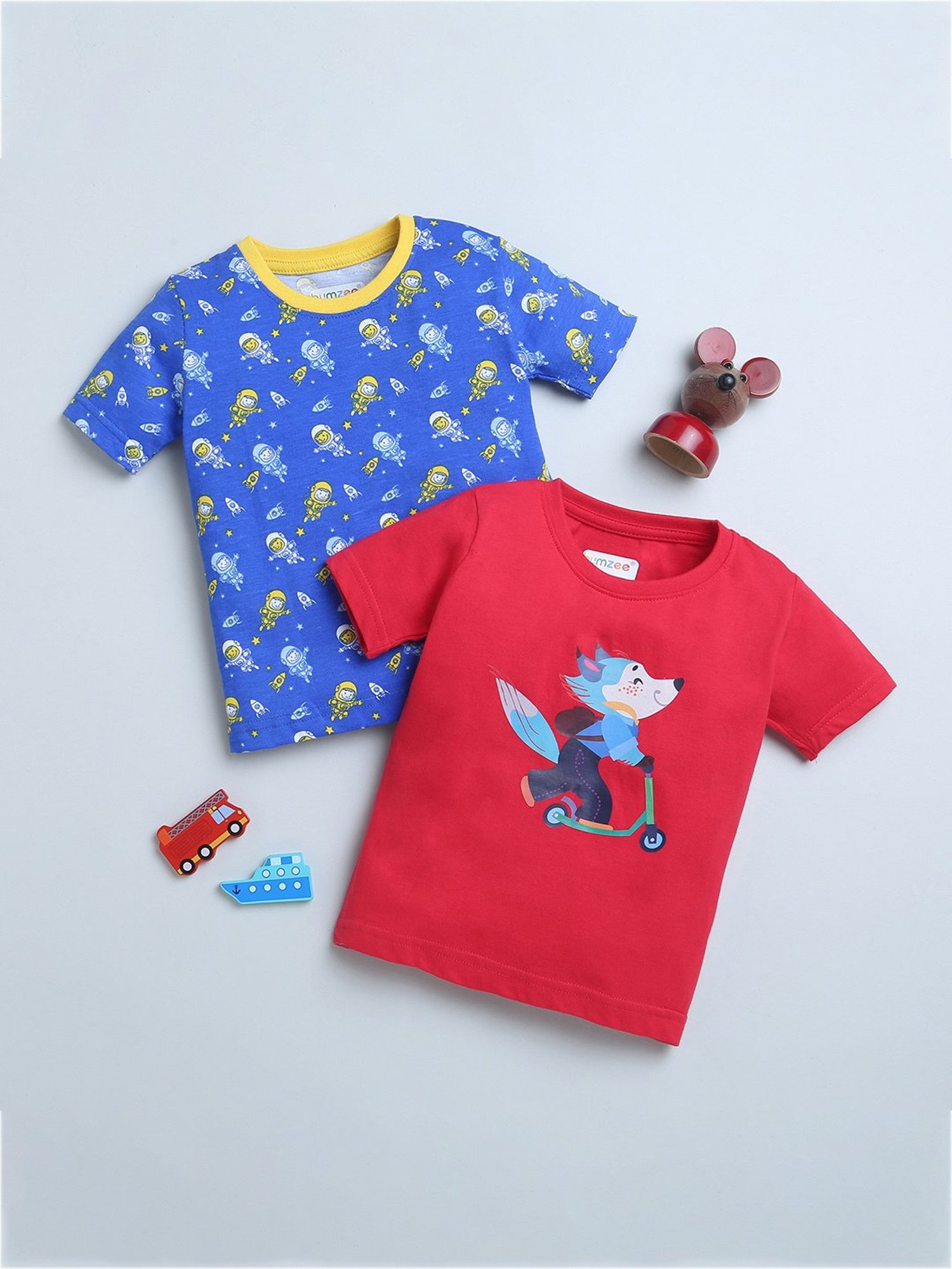 Bumzee Kids Blue & Red Printed T-Shirt (Pack Of 2)