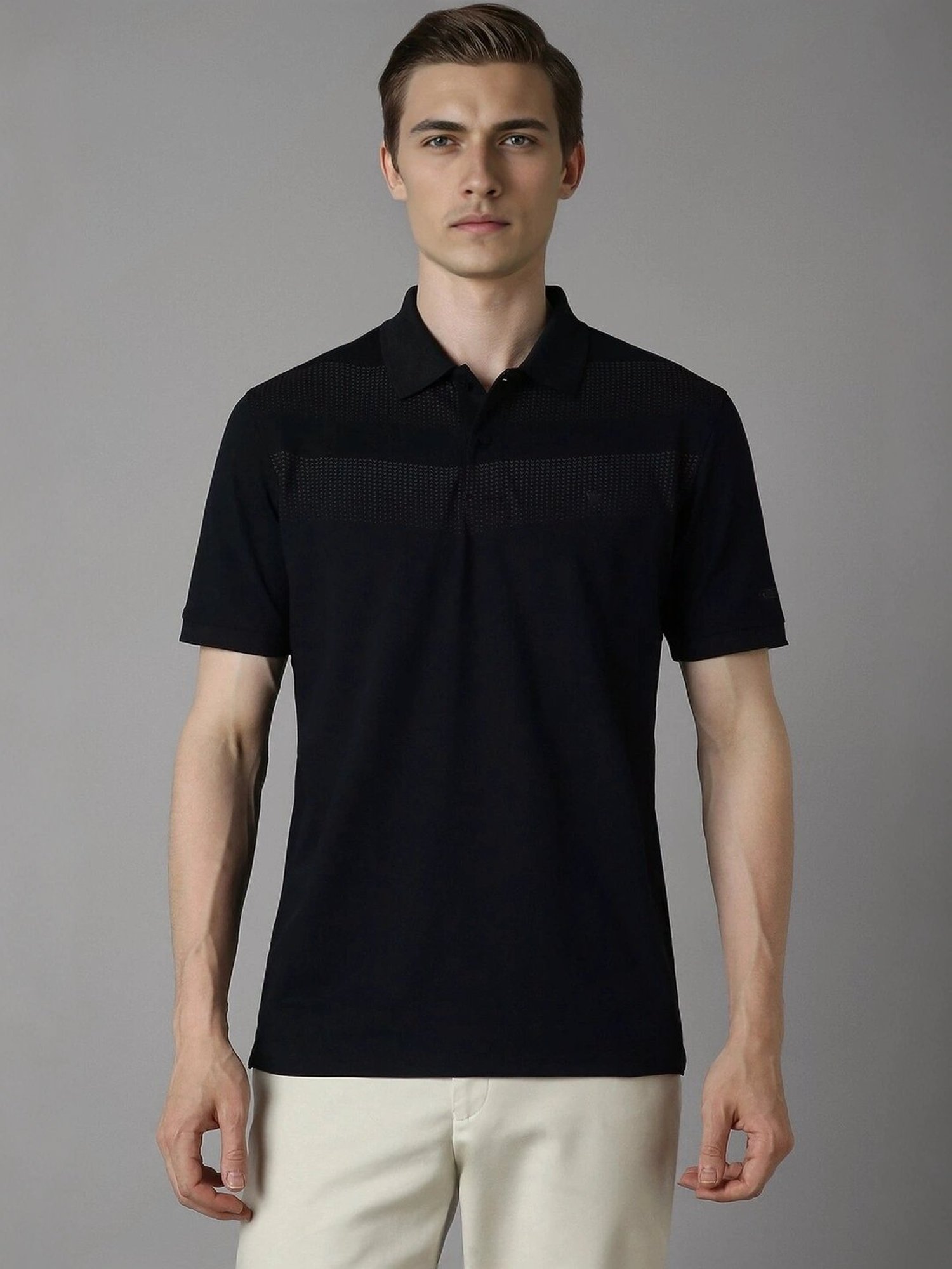 Louis Philippe Black Cotton Regular Fit Self Pattern Polo T-Shirt