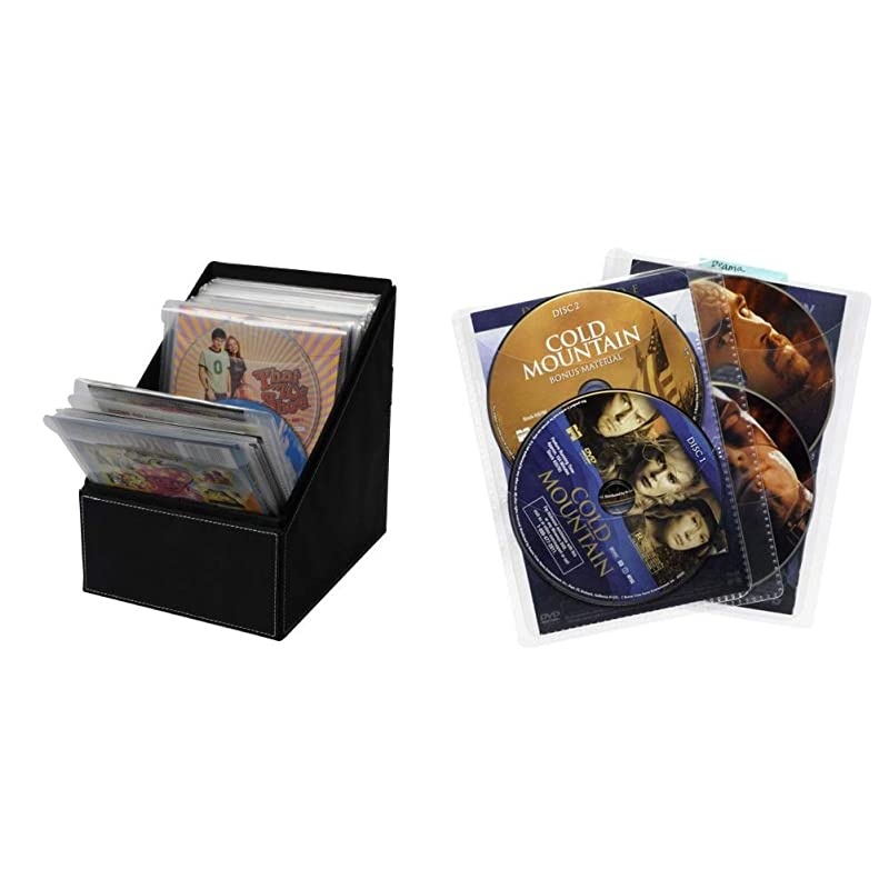 Media Sleeve Storage Bin Leatherette Front Quality Stitching and includes 36 Sleeves amp 25 Pack Movie Sleeves Clear Sleeve hold two discs each Protects Discs Against Scratches and Dust