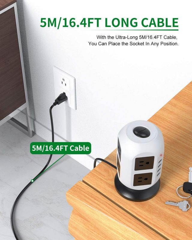 Power Strip Tower Surge Protector - 5M/16.4FT Surge Protector Power Strip with USB, Power Strip with Surge Protection with 8 AC Outlets & 4 USB Ports, Overload Protection, Short Circuit Protection.