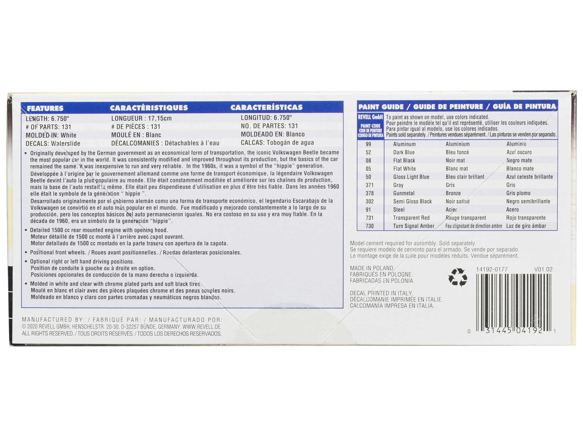 Level 4 Model Kit 1968 Volkswagen Beetle 1/24 Scale Model by Revell