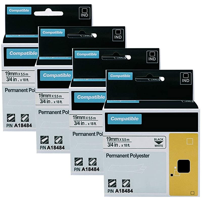 Compatible Industrial Rhino Label Tapes Replacement for DYMO 18484 Permanent Polyester Label Tapes for DYMO Rhino 5200 4200 6000 5000 Label Maker and More, Black on White, 3/4" x 18',4-Pack