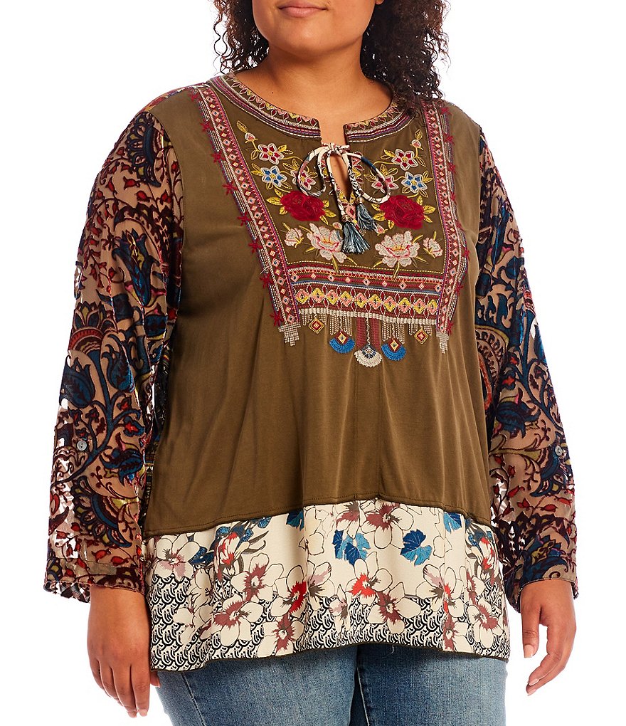 John Mark Plus Size Embroidered Long Sleeve Mixed Media Roll Tab Burnout Sleeve Top