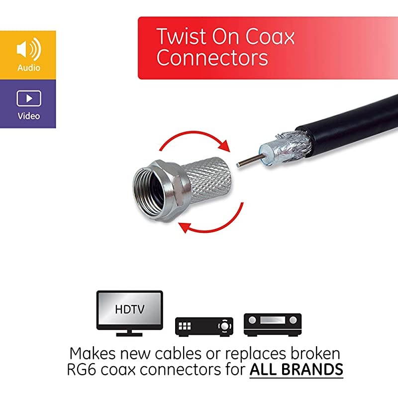 RG6 TwistOn F Connectors 100Pack FType Coaxial Connectors Replace Broken Connectors and Assemble RG6 Coax Cables No Tools Required with Resealable Bag 51280