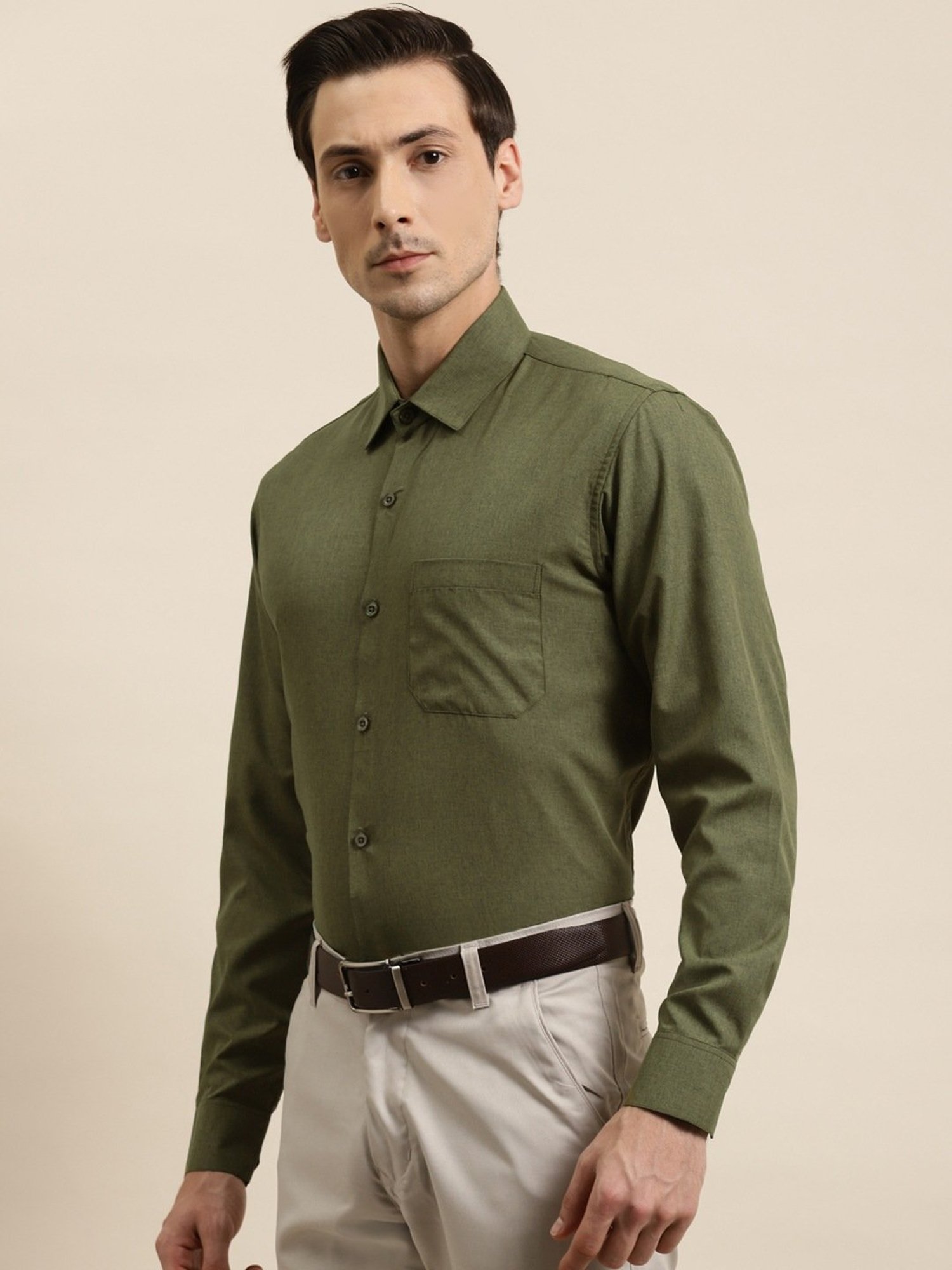 Sojanya Olive Green Cotton Regular Fit Self Pattern Shirt