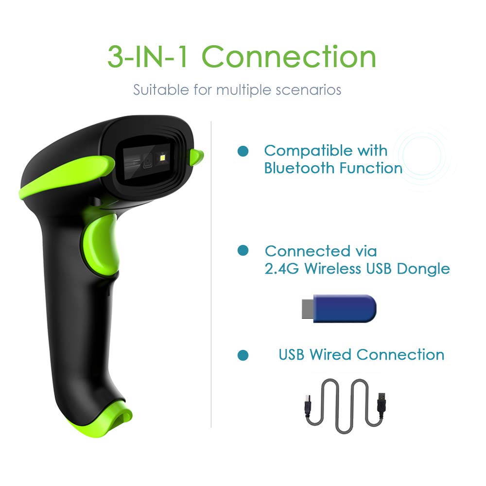 Wireless 2D Barcode Scanner, 3 in 1 Compatible with Bluetooth Function & 2.4GHz Wireless & Wired Connection, Connect Smart Phone, Tablet, PC, USB Image Bar Code Reader For QR PDF417 Datamatrix