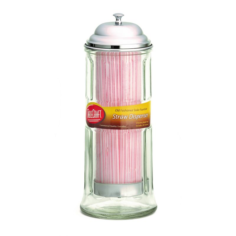 TableCraft Glass Straw Dispenser - Chrome Plated Top