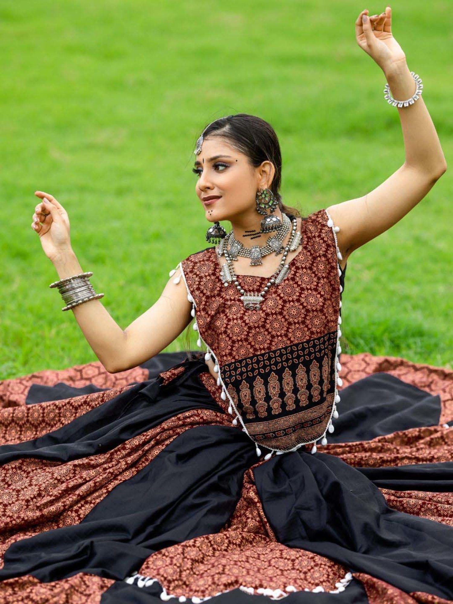 Odette Black & Rust Cotton Printed Lehenga Choli Set With Dupatta