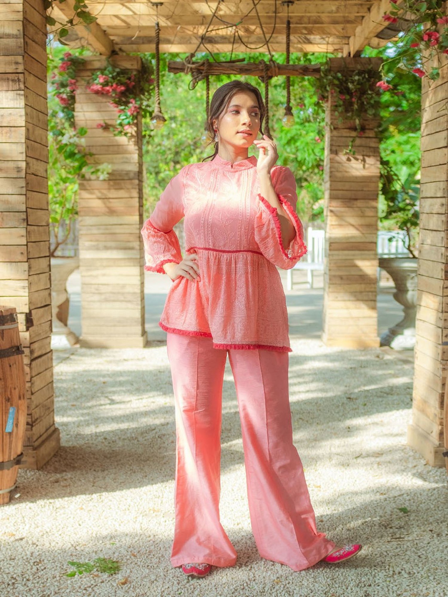 Monk and Mei Nazm Flared Chikankari Top & Pants- Peachy Melon