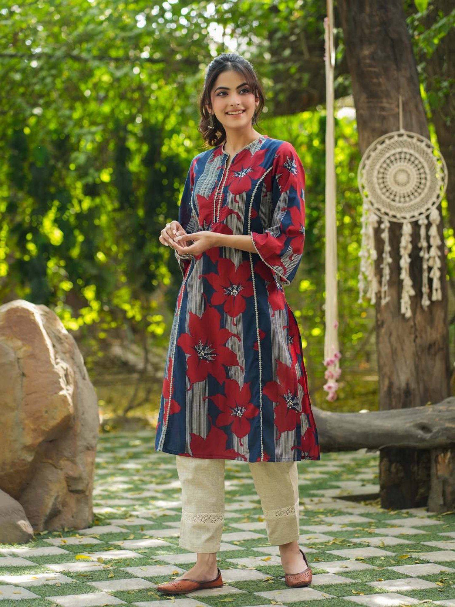 Rain and Rainbow Blue & Red Cotton Floral Print A Line Kurta