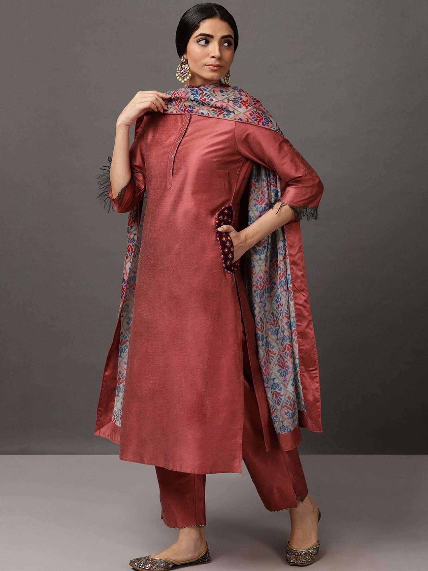 Nuhh Pink Melange Kurta & Pant Set with Dupatta