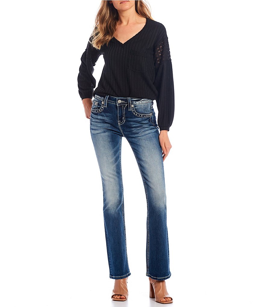 Miss Me Star Stripe Wing Flap Pocket Mid Rise Bootcut Jeans