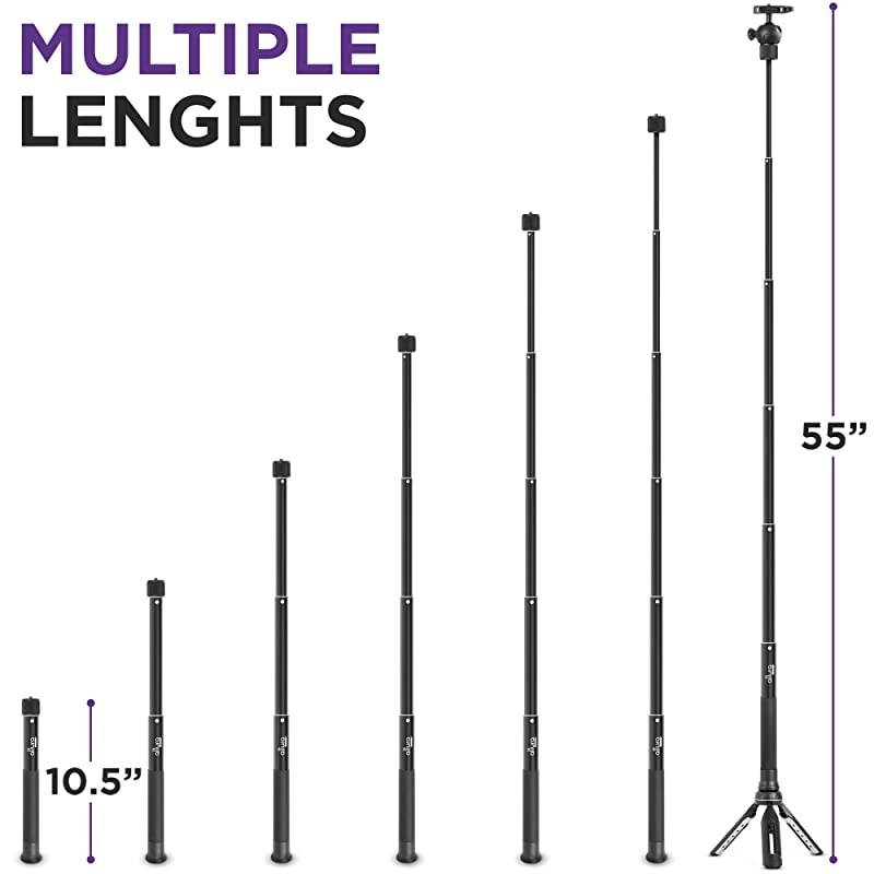 6 in 1 Monopod Tripod Kit by  &ndash; 55&rdquo; Telescoping Vlogging Tripod for Camera, Smartphone & GoPro Tripod, Camera Holder, Camera Stick with Pole & Base, 360 Ball Head and Carry Bag