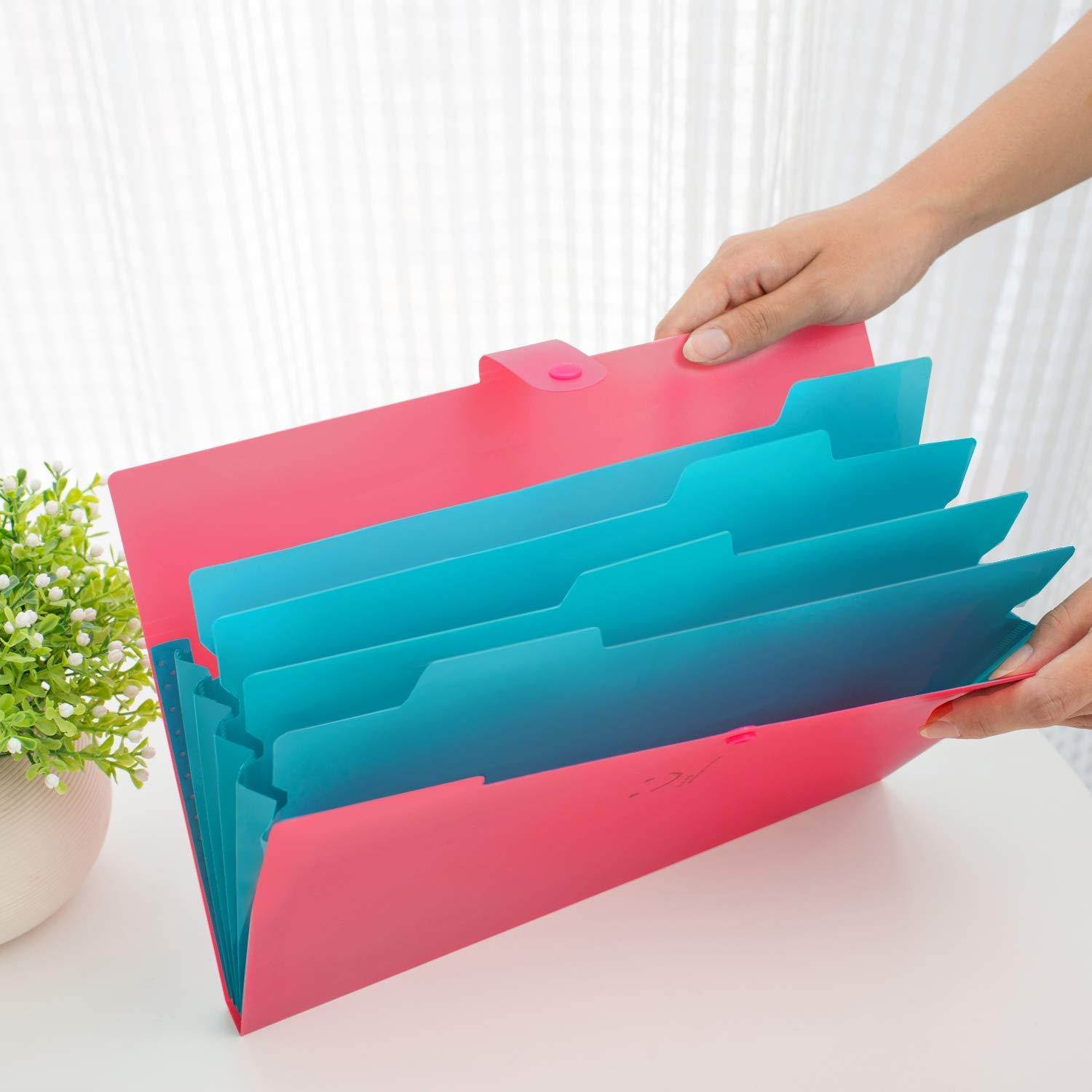 Initial heart Expanding File Folders with 5 Pockets Accordian Folder Organizer A4 Letter Size Plastic Snap Closure Paper Organizer Set of 4 Colored Decorative for School Office Travel Family