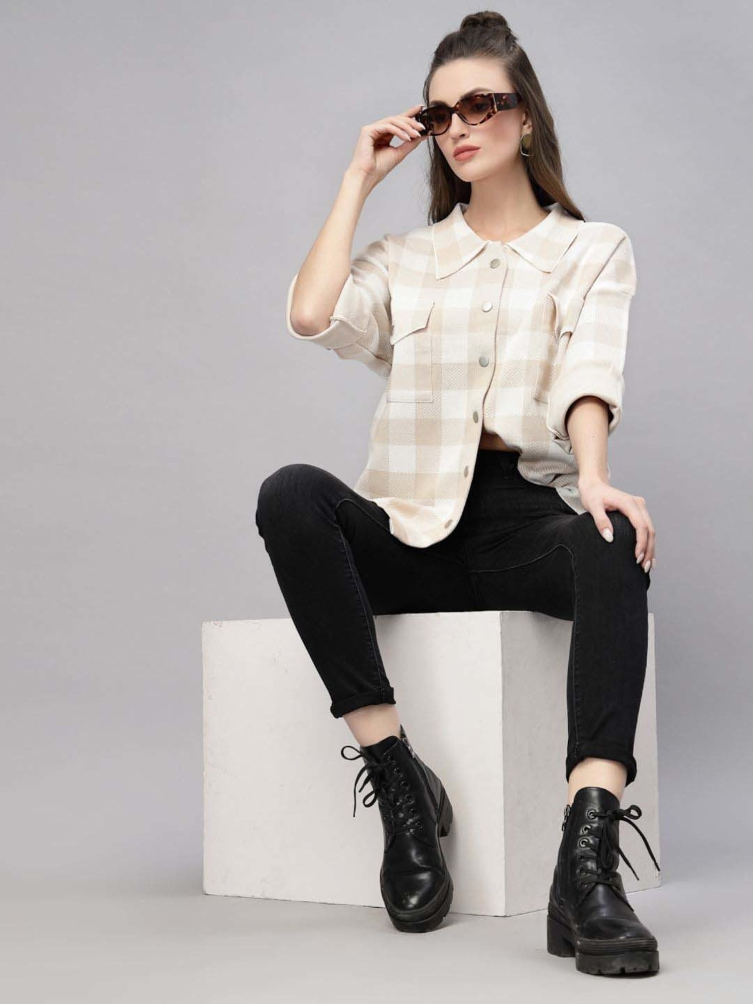 Mafadeny Beige Chequered Shirt
