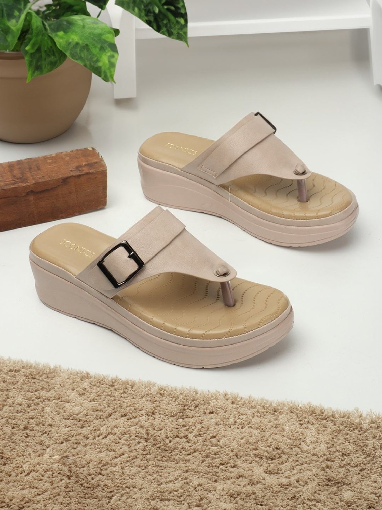 Iconics Women's Beige Thong Wedges