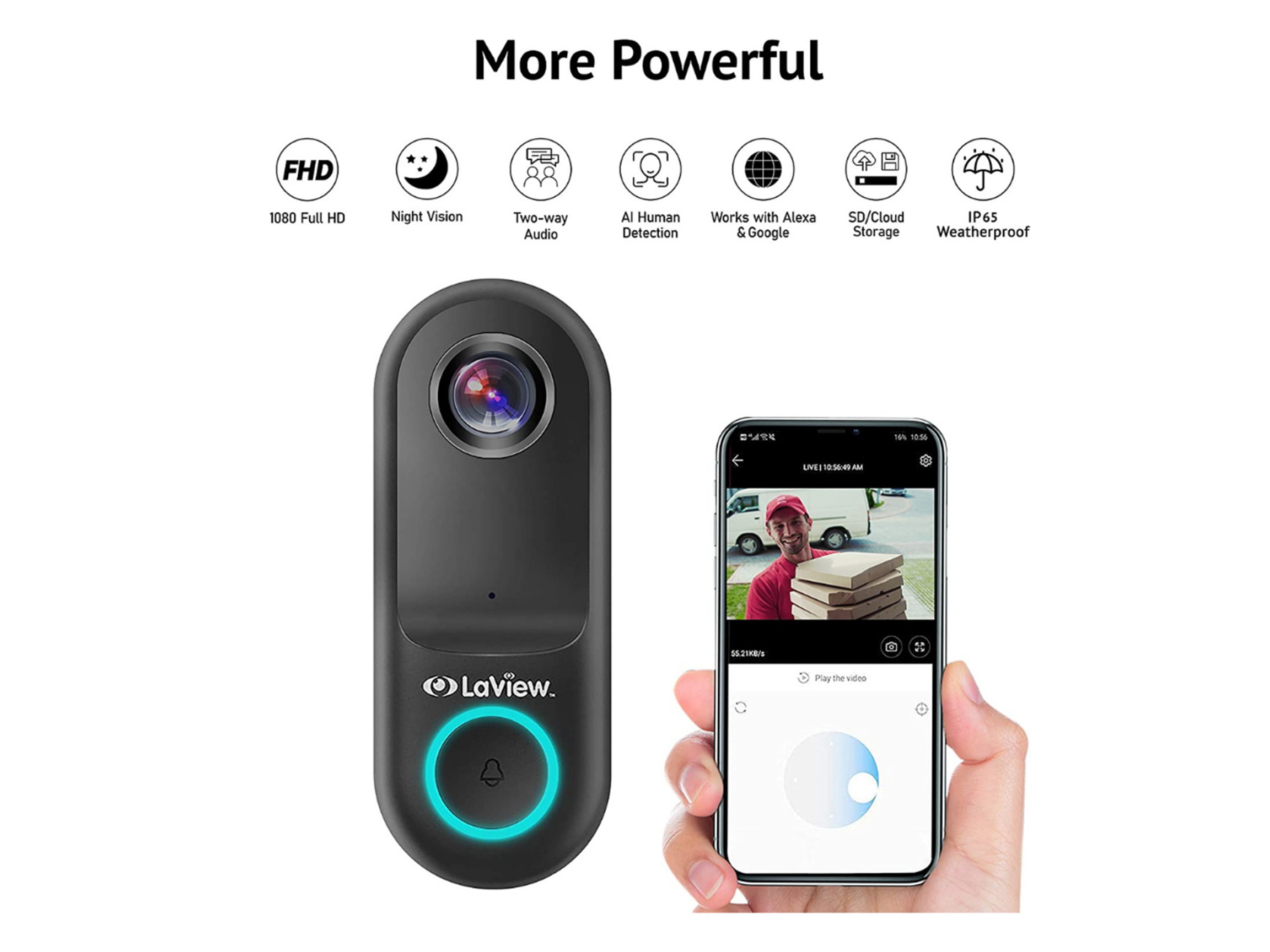 LaView DB5 HD Video WiFi Smart AI Doorbell Camera - 12V-24V AC Wired